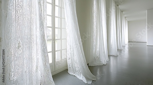 White Lace Curtains in Empty Hallway, Light and Space, Interior Design, Window View photo