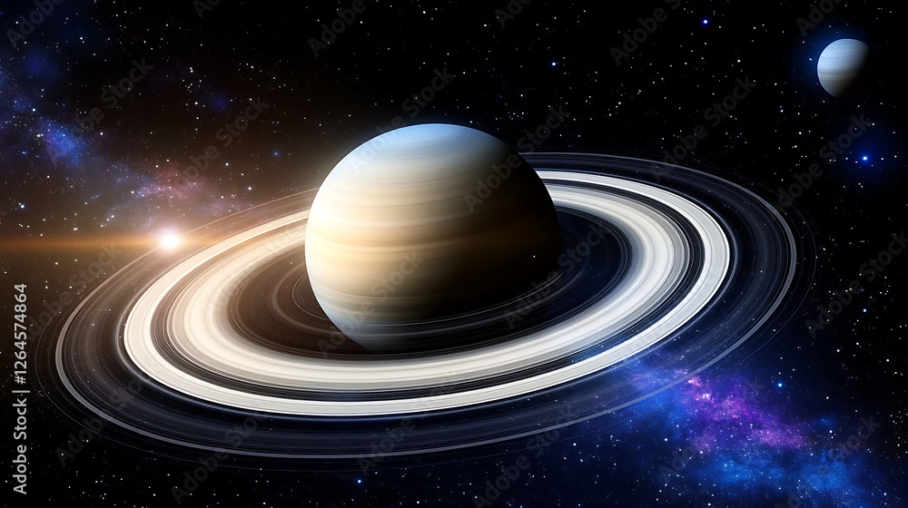 Saturn Planet with Celestial Rings and Distant Moon in a Deep Space Universe Exploration View Saturn Planet with Celestial Rings and Distant Moon in a Deep Space Universe Exploration View