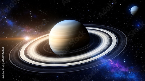 Saturn Planet with Celestial Rings and Distant Moon in a Deep Space Universe Exploration View photo