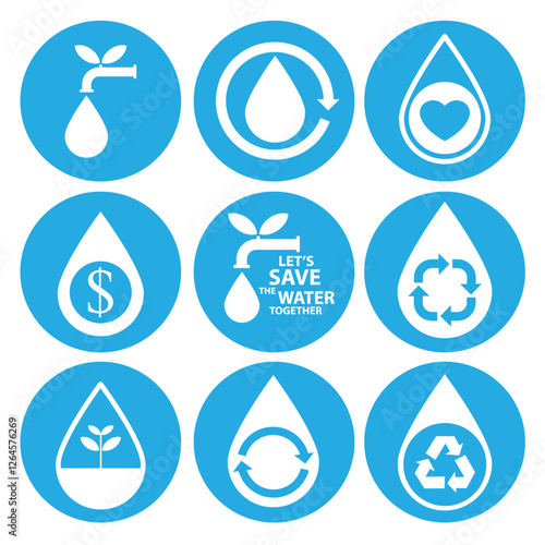 Set of water icons. Save water concept. Vector illustration. photo