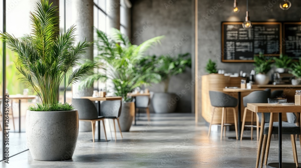 Fototapeta premium Modern Cafe Interior Design with Greenery and Concrete Accents