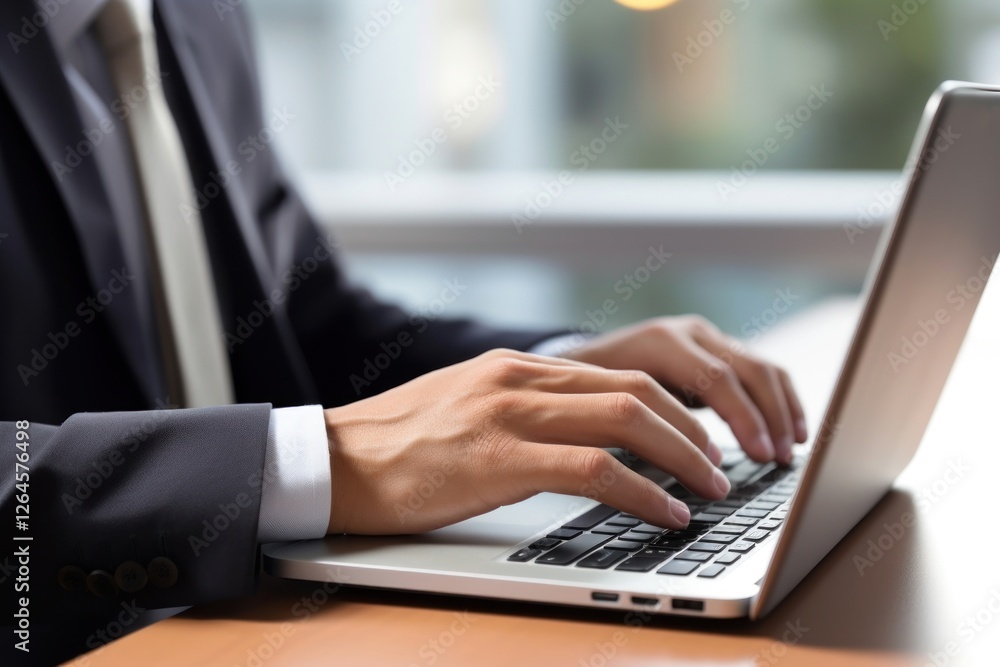 Typing using laptop computer internet sit at work desk businesswear portability convenience. Typing using laptop computer internet sit at work desk businesswear portability convenience.