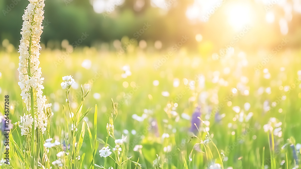Serene Field of Flowers under Warm Sunlight and Hazy Sky Spring Meadow Landscape in the Sunshine Serene Field of Flowers under Warm Sunlight and Hazy Sky Spring Meadow Landscape in the Sunshine