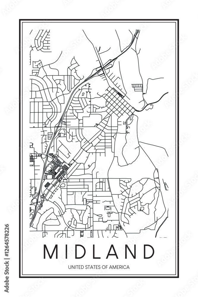 Printable downtown road map poster of the USA town of MIDLAND on solid white background with city name Printable downtown road map poster of the USA town of MIDLAND on solid white background with city name