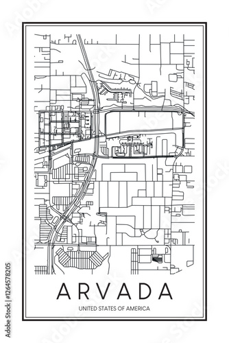 Printable downtown road map poster of the USA town of ARVADA on solid white background with city name