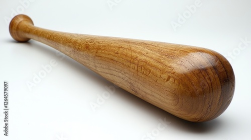 Close-up view of a polished wooden baseball bat resting on a smooth surface, showcasing its grain photo