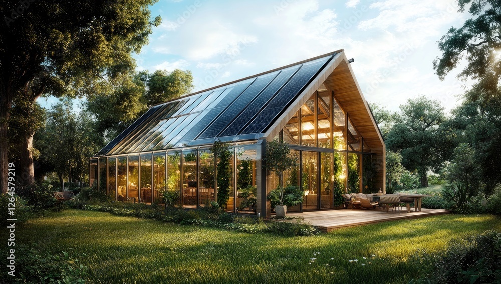 Eco-friendly home with solar panels in a forest Eco-friendly home with solar panels in a forest