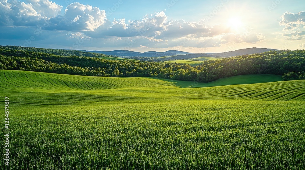 Obraz premium Lush Green Fields Under a Bright Sky with Rolling Hills and Sunlight in the Background