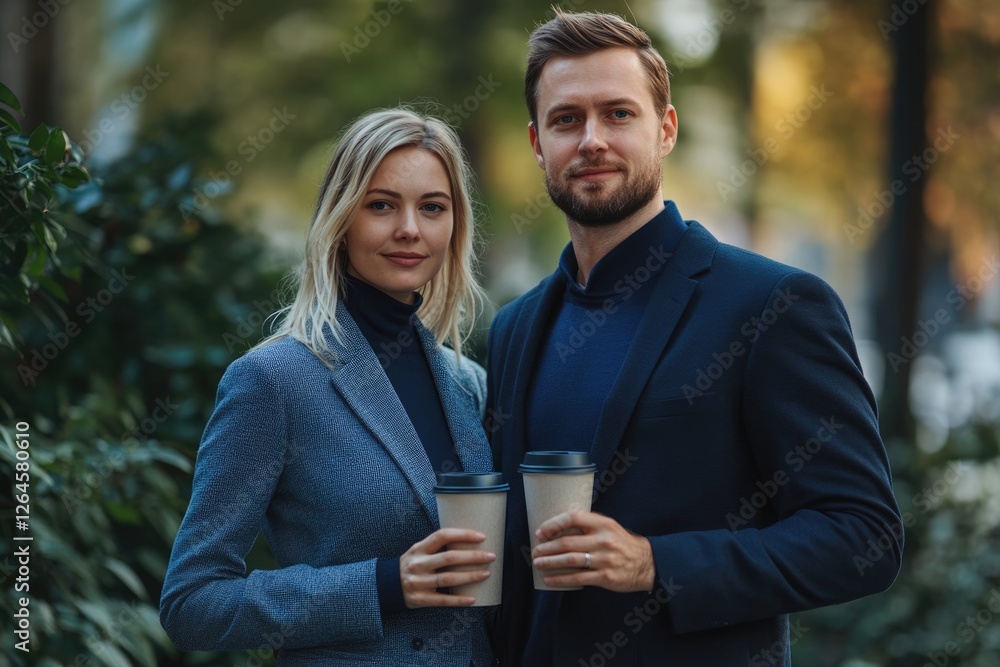 A stylish couple stands outdoors, holding coffee cups, dressed in smart casual attire, exuding confidence and sophistication. A stylish couple stands outdoors, holding coffee cups, dressed in smart casual attire, exuding confidence and sophistication.