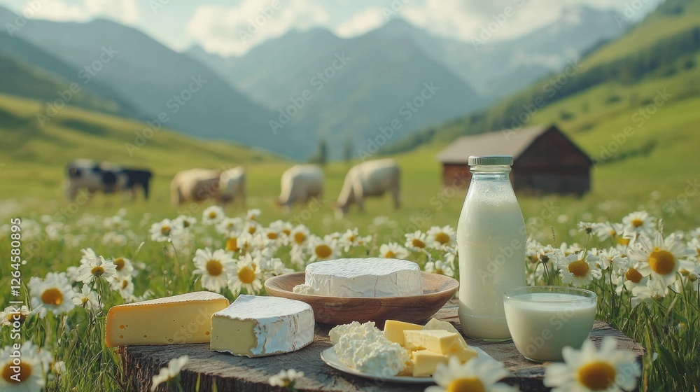 Fototapeta premium In a tranquil meadow blooming with flowers, various dairy products like cheese and milk are beautifully displayed. The serene mountain landscape enhances the countryside atmosphere