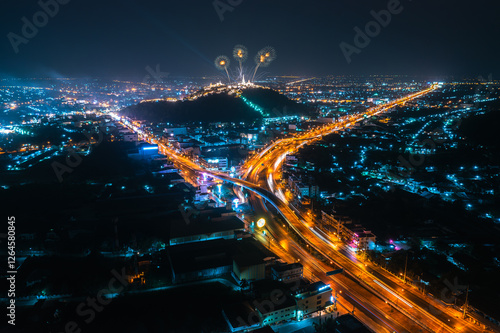 Phetchaburi cityscape and Fireworks annual festival at ancient place Phra Nakhon Khiri (Khao Wang) thailand, photo