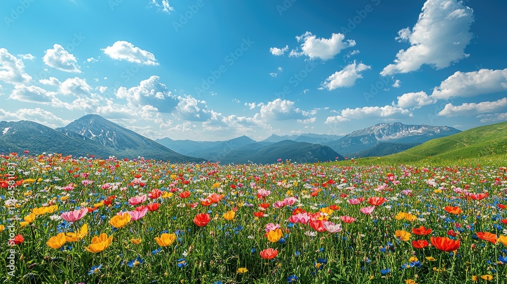 Vibrant meadow filled with colorful wildflowers under a bright blue sky with mountains in the background Vibrant meadow filled with colorful wildflowers under a bright blue sky with mountains in the background