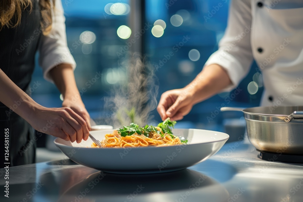 Two chefs collaboratively plating a steaming bowl of delicious pasta, garnished with fresh herbs. Two chefs collaboratively plating a steaming bowl of delicious pasta, garnished with fresh herbs.