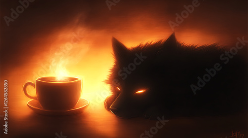 Shadow Wolf Contemplating Steaming Coffee Cup Warmth and Comfort on a Cozy Evening Retreat photo