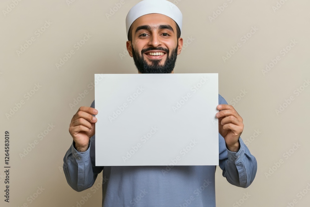 Ramadan Mubarak Muslim Man Showing Blank Card for Message Photo.Fictional Character Created By Generative AI Ramadan Mubarak Muslim Man Showing Blank Card for Message Photo.Fictional Character Created By Generative AI