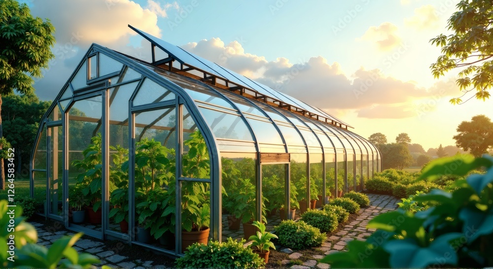 Solar-Powered Greenhouse – Sustainable Farming Innovation - Renewable, sustainable, green and clean energy concept Solar-Powered Greenhouse – Sustainable Farming Innovation - Renewable, sustainable, green and clean energy concept