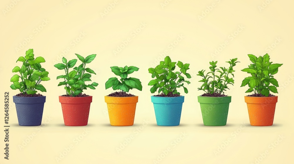 Vibrant potted herbs in colorful pots on a soft background, showcasing gardening and nature Vibrant potted herbs in colorful pots on a soft background, showcasing gardening and nature