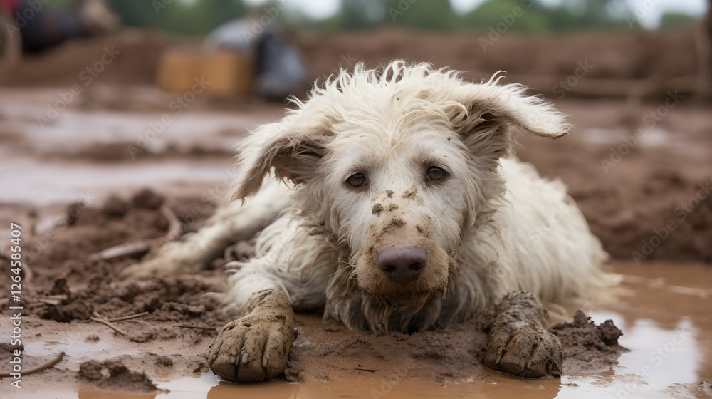 A lone dog a canine survivor stranded on a small patch of dry land surrounded by the rising floodwaters of a natural disaster A lone dog a canine survivor stranded on a small patch of dry land surrounded by the rising floodwaters of a natural disaster