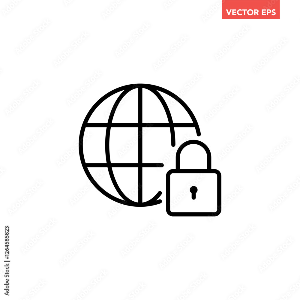 Black single secure internet line icon, simple round globe with padlock flat design vector pictogram, infographic interface elements for app logo web button ui ux isolated on white background Black single secure internet line icon, simple round globe with padlock flat design vector pictogram, infographic interface elements for app logo web button ui ux isolated on white background