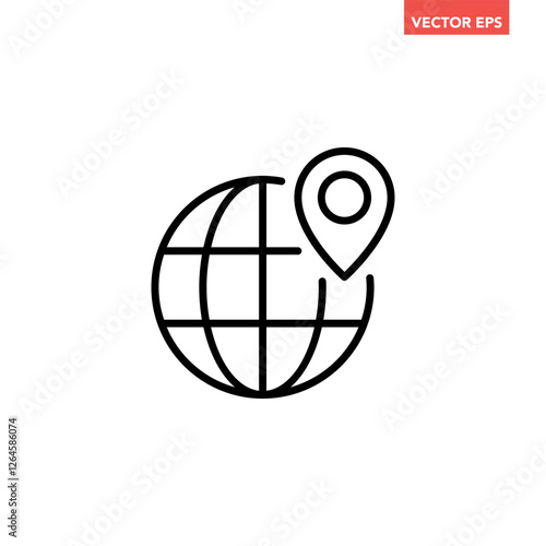 Single black globe with pin line icon, simple world map location flat design vector pictogram, infographic interface elements for app logo web button ui ux isolated on white background
