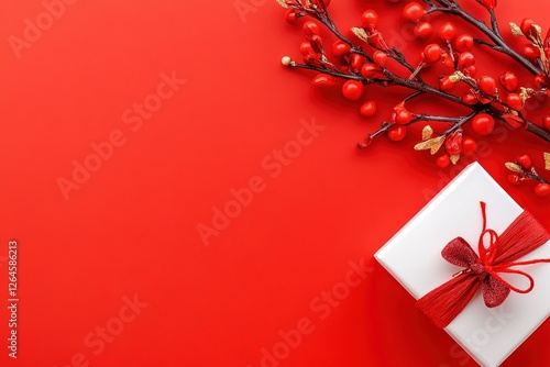 A red background with a white box with a red bow on top. ,on transparent background.