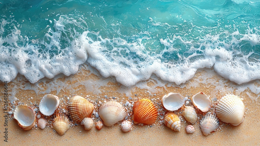 Colorful seashells scattered on a sandy beach with gentle waves lapping at the shore Colorful seashells scattered on a sandy beach with gentle waves lapping at the shore