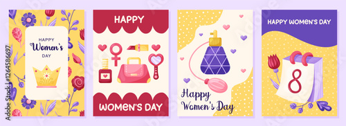 March 8 Happy Women's Day Cards collection. 4 Simple cute greeting card in yellow tones. Vector illustration.