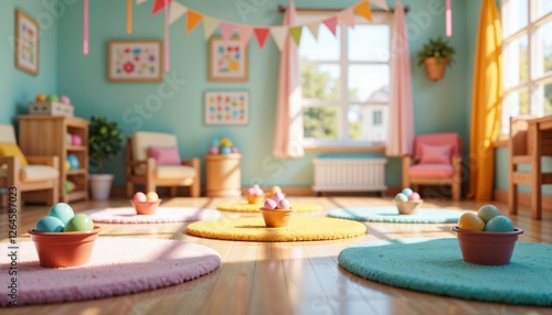 Wallpaper Mural Festive Easter egg hunt setup in a toddler-friendly indoor space with soft mats, colorful eggs, small buckets, and hanging streamers, brightly lit for a joyful vibe Torontodigital.ca