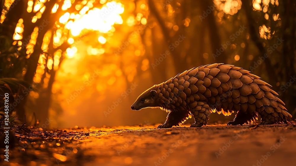 Fototapeta premium Pangolin walking at sunset in forest.