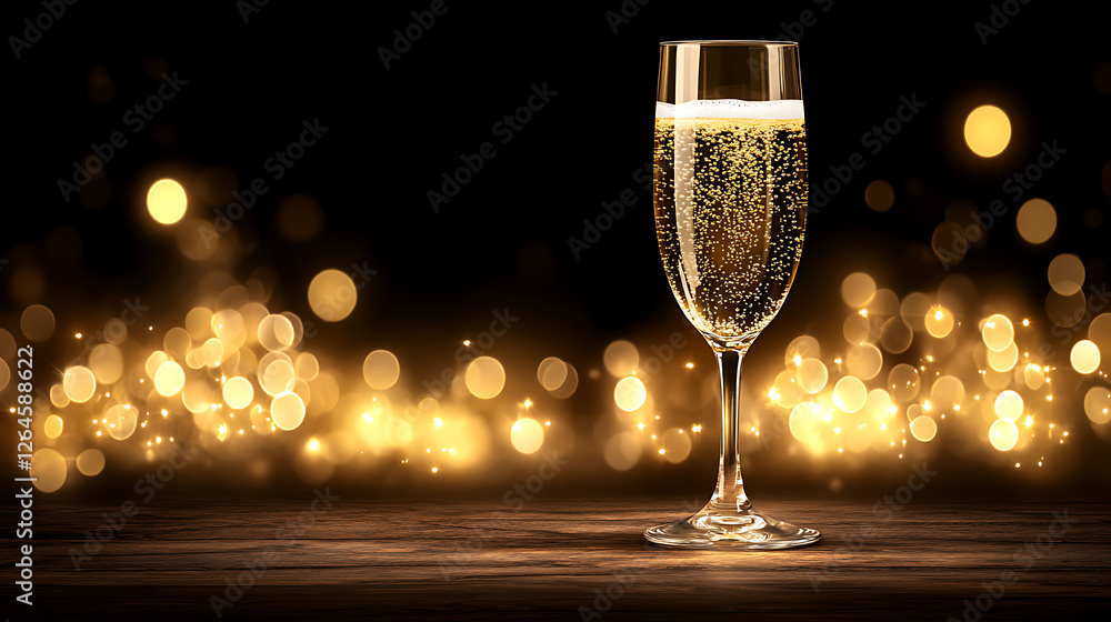 Sparkling Celebration Champagne in a Flute against Festive Golden Bokeh Lights on a Wooden Tabletop Sparkling Celebration Champagne in a Flute against Festive Golden Bokeh Lights on a Wooden Tabletop