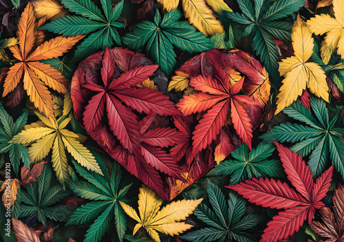 Cannabis leaf marijuana background with Heart Shape.