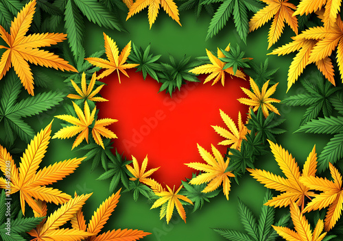 Cannabis leaf marijuana background with Heart Shape.