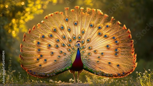 Majestic peacock displaying vibrant plumage in golden sunlight.