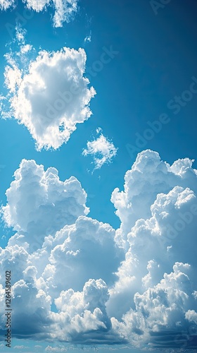Fluffy white clouds scattered across a bright blue sky, creating a serene and peaceful atmosphere