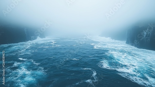 Misty ocean view with gentle waves and distant cliffs, creating a serene atmosphere