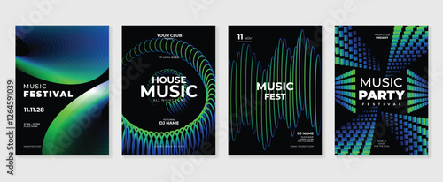 Music poster design background vector set. Electro Sound Cover template with vibrant abstract gradient geometric shape. Ideal design for social media, flyer, party, music festival, club.