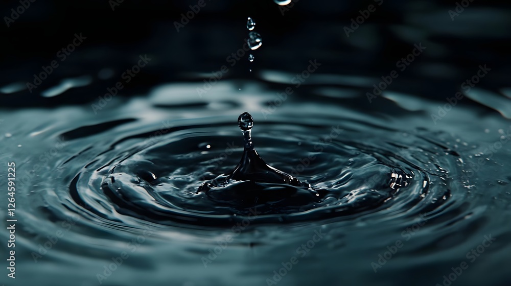 Close-up of a water droplet creating ripples on a dark surface, capturing the moment of impact Close-up of a water droplet creating ripples on a dark surface, capturing the moment of impact