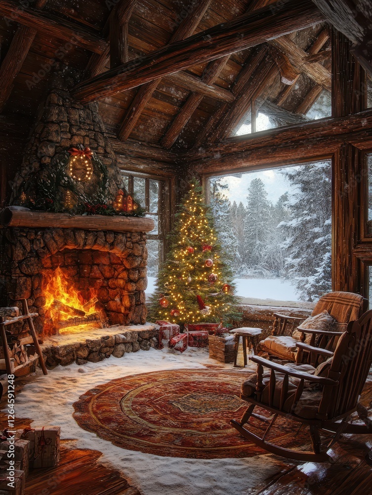 Obraz premium Cozy christmas cabin interior with a fireplace and tree