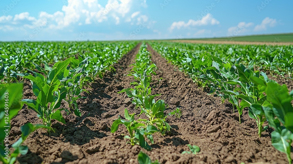 Lush green cornfield under a bright blue sky with fluffy clouds, showcasing healthy crops Lush green cornfield under a bright blue sky with fluffy clouds, showcasing healthy crops