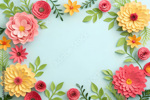 Pastel Paper Flowers And Leaves Decorative Arrangement On Light Blue Backdrop