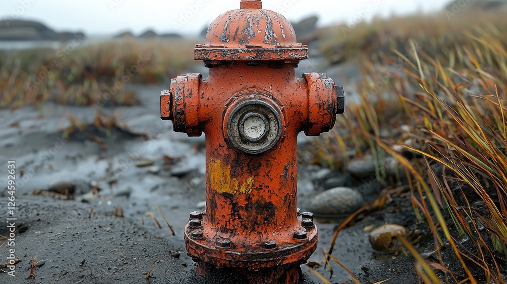 Bright orange fire hydrant standing on a wet, sandy beach with grass and rocks in the background Bright orange fire hydrant standing on a wet, sandy beach with grass and rocks in the background