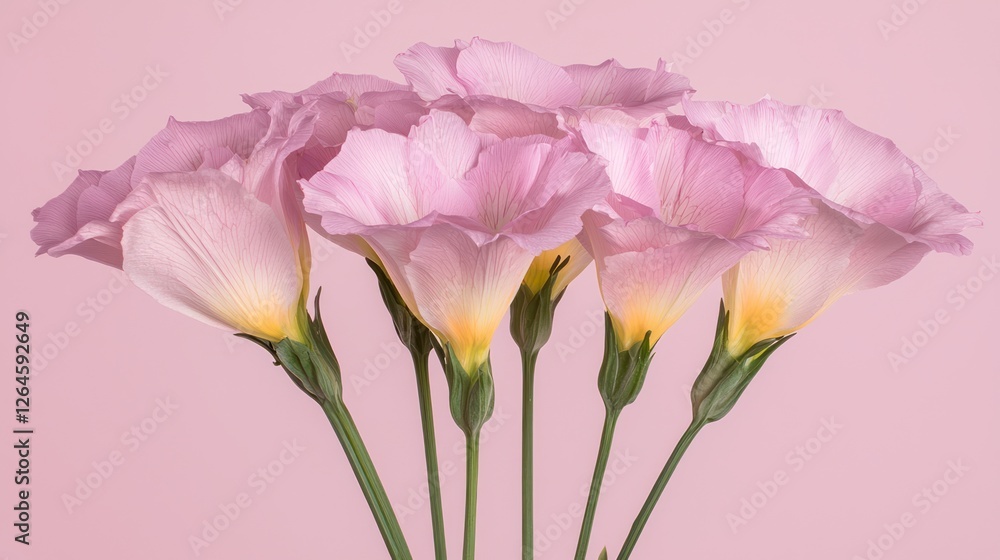 Obraz premium A bouquet of delicate pink flowers against a soft pink background.