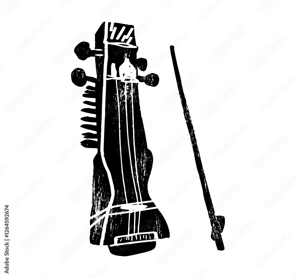 Vector illustration of sarangi isolated on white background. Indian string bowed musical instrument textured
