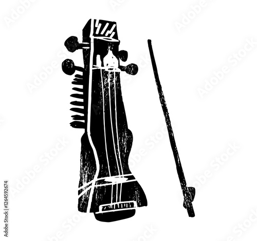 Vector illustration of sarangi isolated on white background. Indian string bowed musical instrument textured