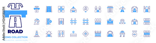 Road icon collection. Bold line style. Duotone colors. road, way, street, slippery road, road barrier, motorway, positive attitude, u turn, work in progress, road block, cross road, car, signage