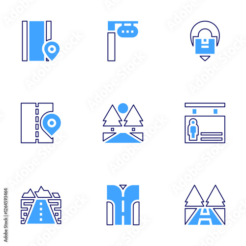 Road icon set. Bold line style. Duotone colors. Editable stroke. architecture and city, tracking, trafficlights, pedestrian, road, fork road, highway