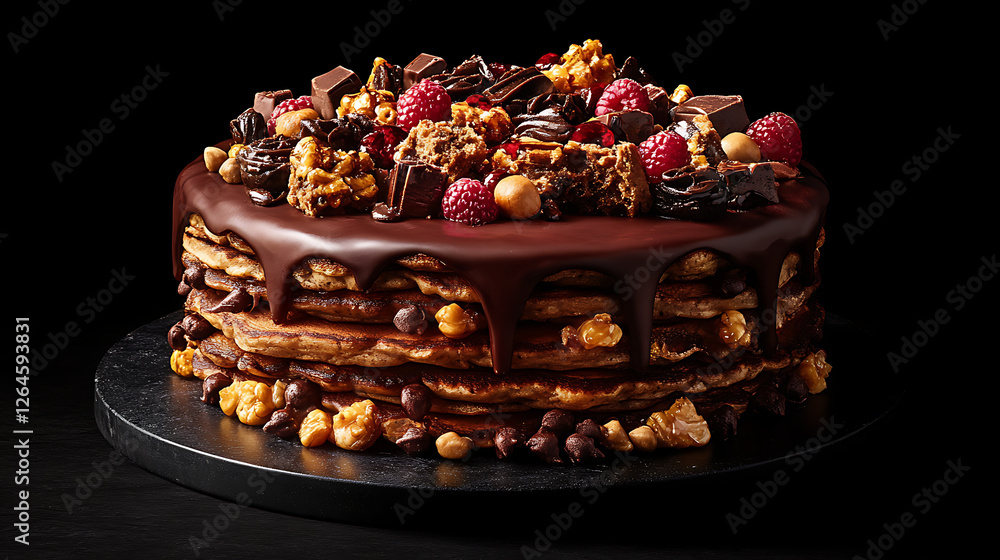 Stacked Chocolate Pancake Cake Explosion Topped with Raspberries and Nuts Indulgent Sweet Delight Stacked Chocolate Pancake Cake Explosion Topped with Raspberries and Nuts Indulgent Sweet Delight