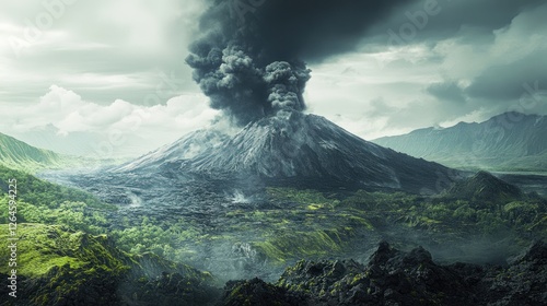 Volcanic eruption spewing ash cloud over lush green landscape scenery photo