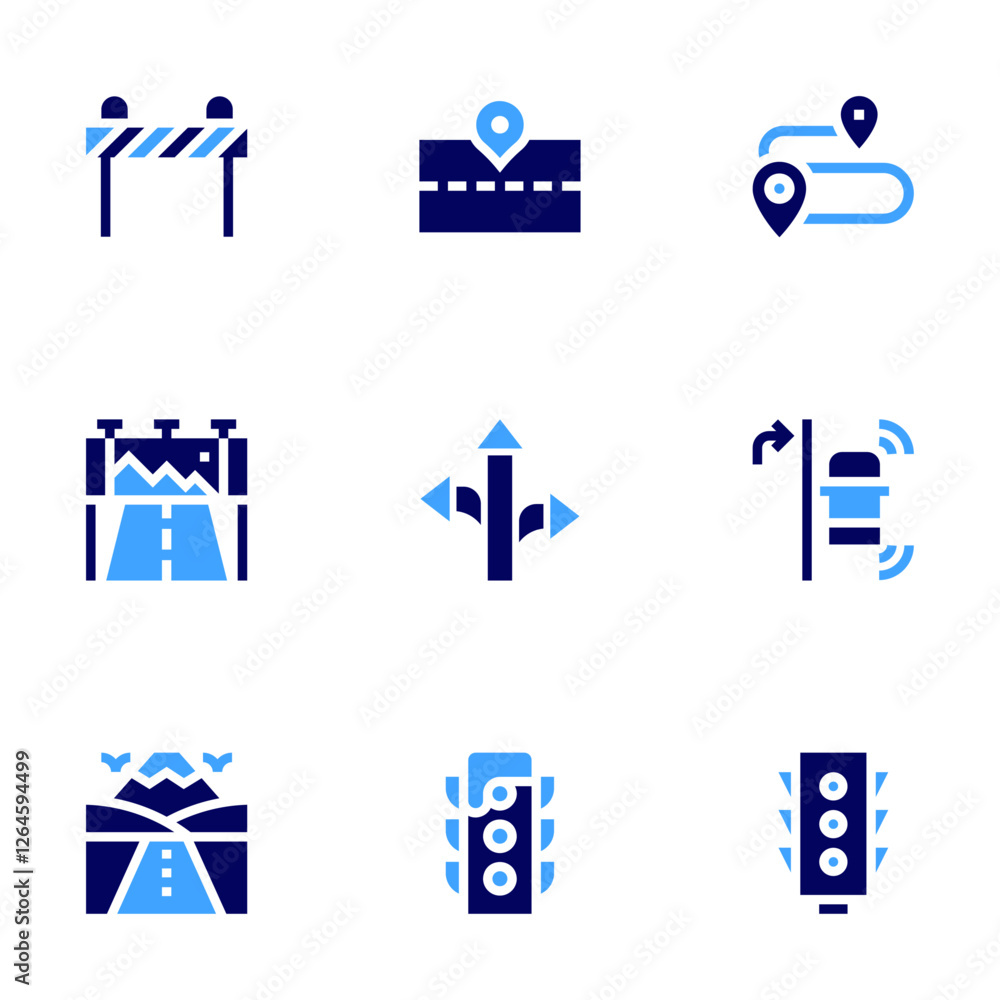Road icon set. Bold style. Duotone colors. traffic light, road block, road sign, route, right turn, road, road banner Road icon set. Bold style. Duotone colors. traffic light, road block, road sign, route, right turn, road, road banner