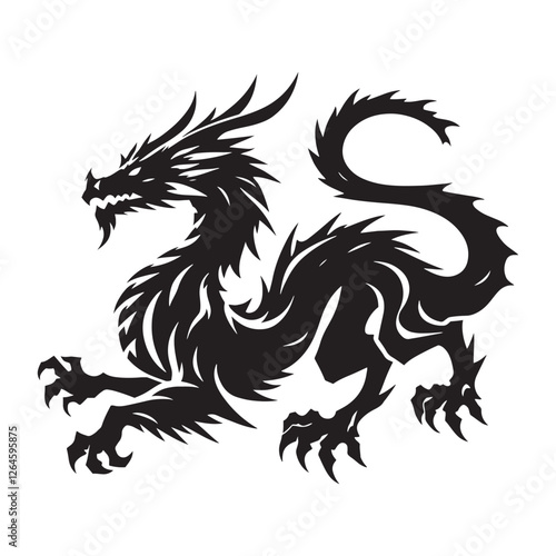 Flying Dragon silhouette soaring through the sky with its mighty wings - Dragon illustration - Dragon vector - mythical creature silhouette
